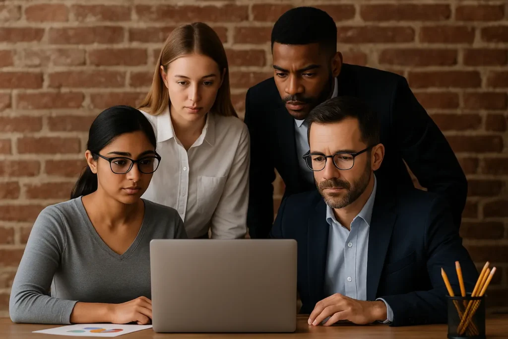 Four professionals collaborating at a desk in a modern office